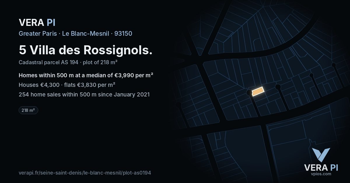 5 Villa des Rossignols, Le Blanc-Mesnil at night – the plot lit, the parcels around coloured by the prices near them