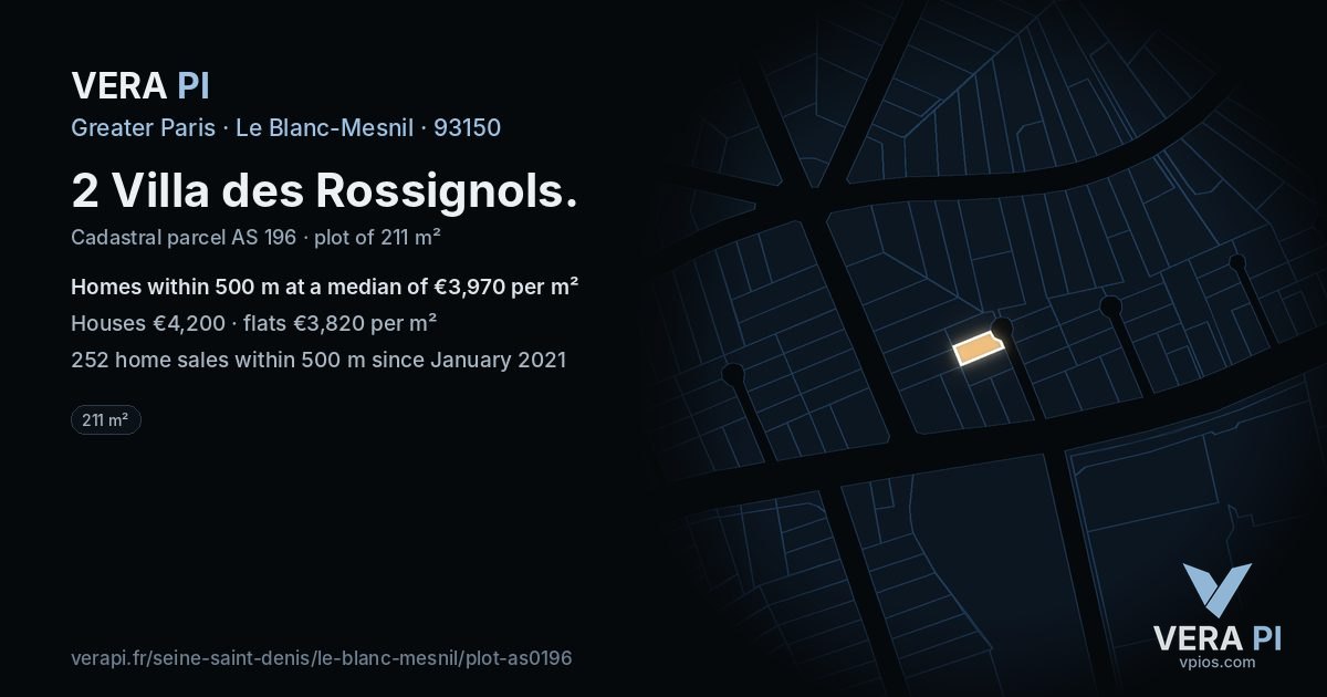 2 Villa des Rossignols, Le Blanc-Mesnil at night – the plot lit, the parcels around coloured by the prices near them