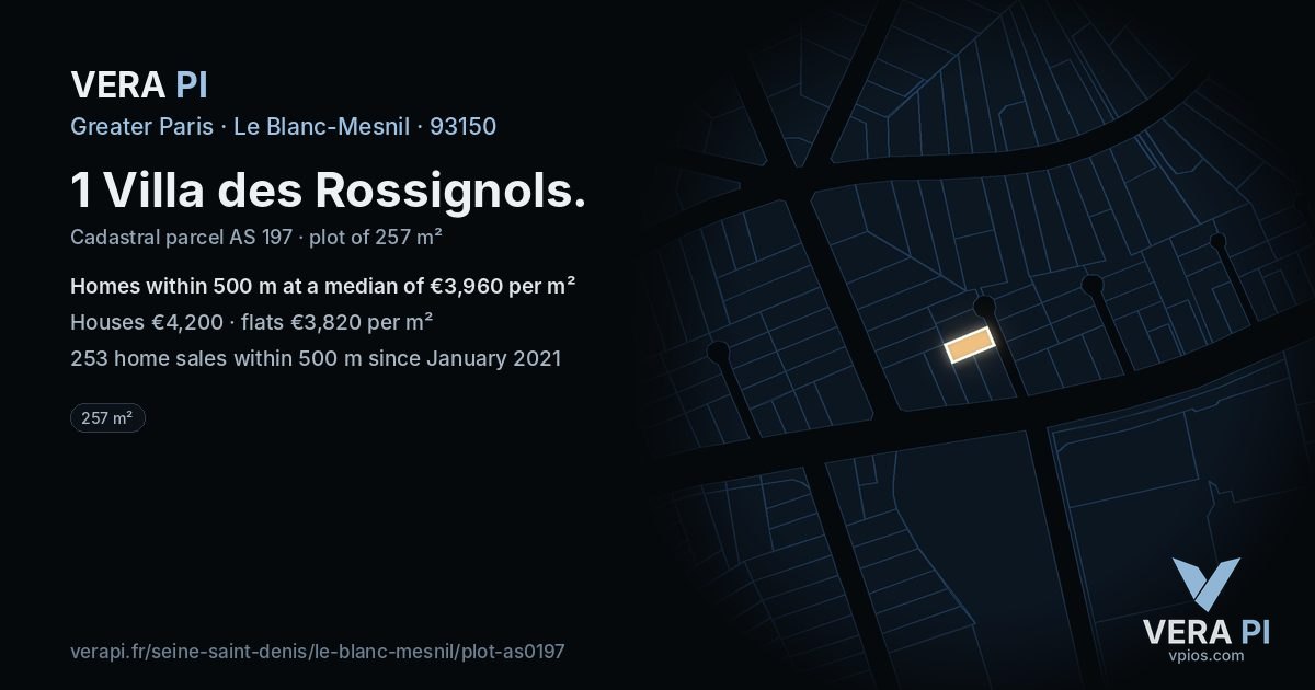 1 Villa des Rossignols, Le Blanc-Mesnil at night – the plot lit, the parcels around coloured by the prices near them