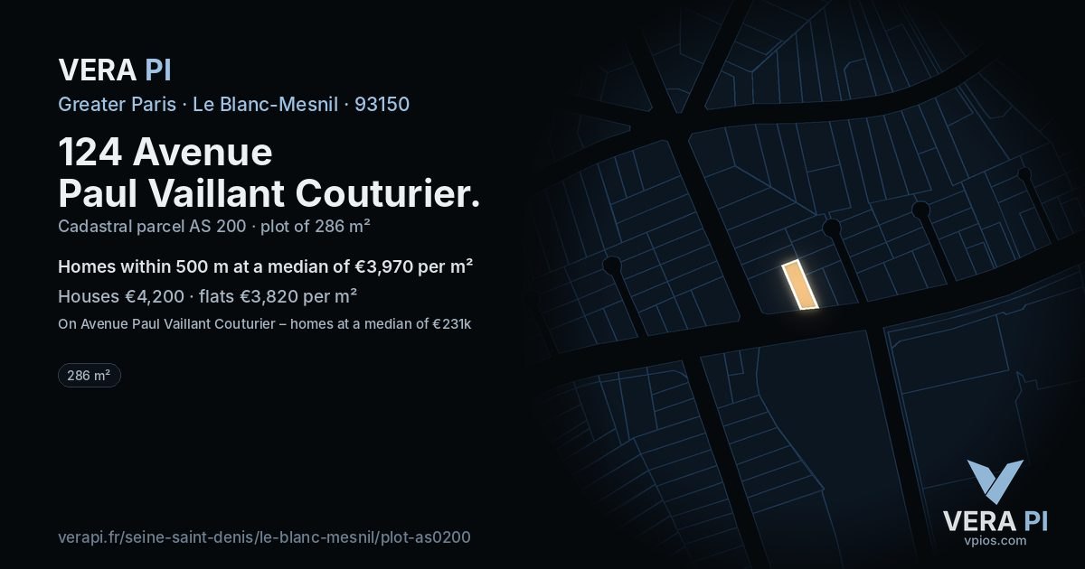 124 Avenue Paul Vaillant Couturier, Le Blanc-Mesnil at night – the plot lit, the parcels around coloured by the prices near them