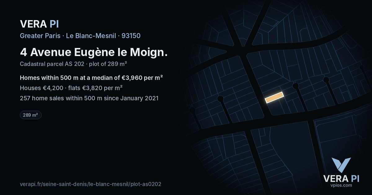 4 Avenue Eugène le Moign, Le Blanc-Mesnil at night – the plot lit, the parcels around coloured by the prices near them