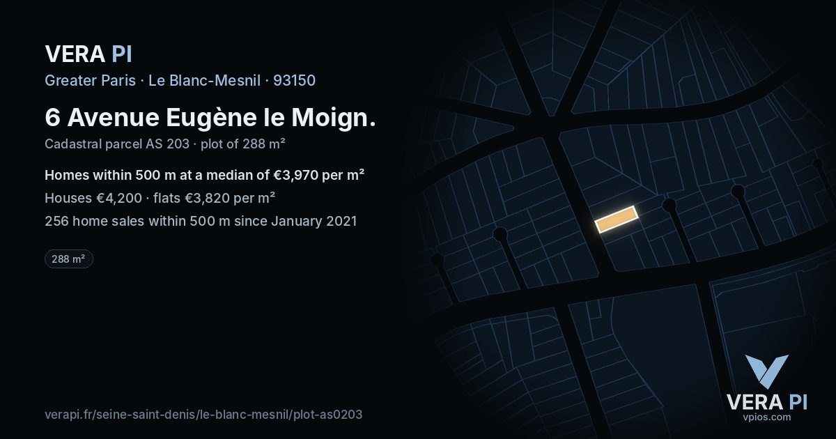 6 Avenue Eugène le Moign, Le Blanc-Mesnil at night – the plot lit, the parcels around coloured by the prices near them