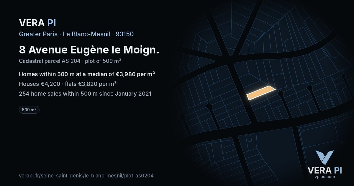 8 Avenue Eugène le Moign, Le Blanc-Mesnil at night – the plot lit, the parcels around coloured by the prices near them