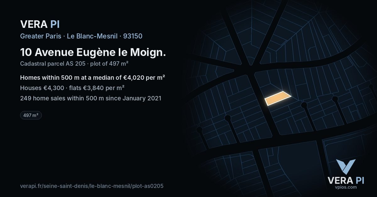 10 Avenue Eugène le Moign, Le Blanc-Mesnil at night – the plot lit, the parcels around coloured by the prices near them