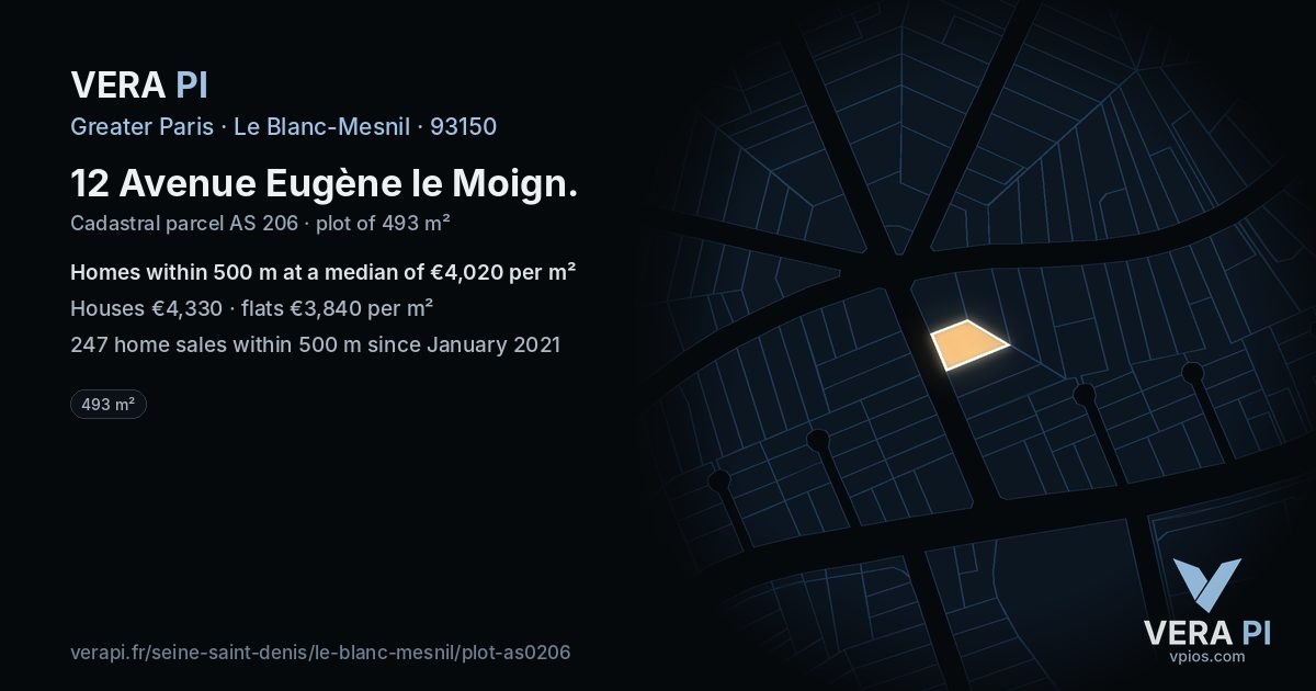 12 Avenue Eugène le Moign, Le Blanc-Mesnil at night – the plot lit, the parcels around coloured by the prices near them