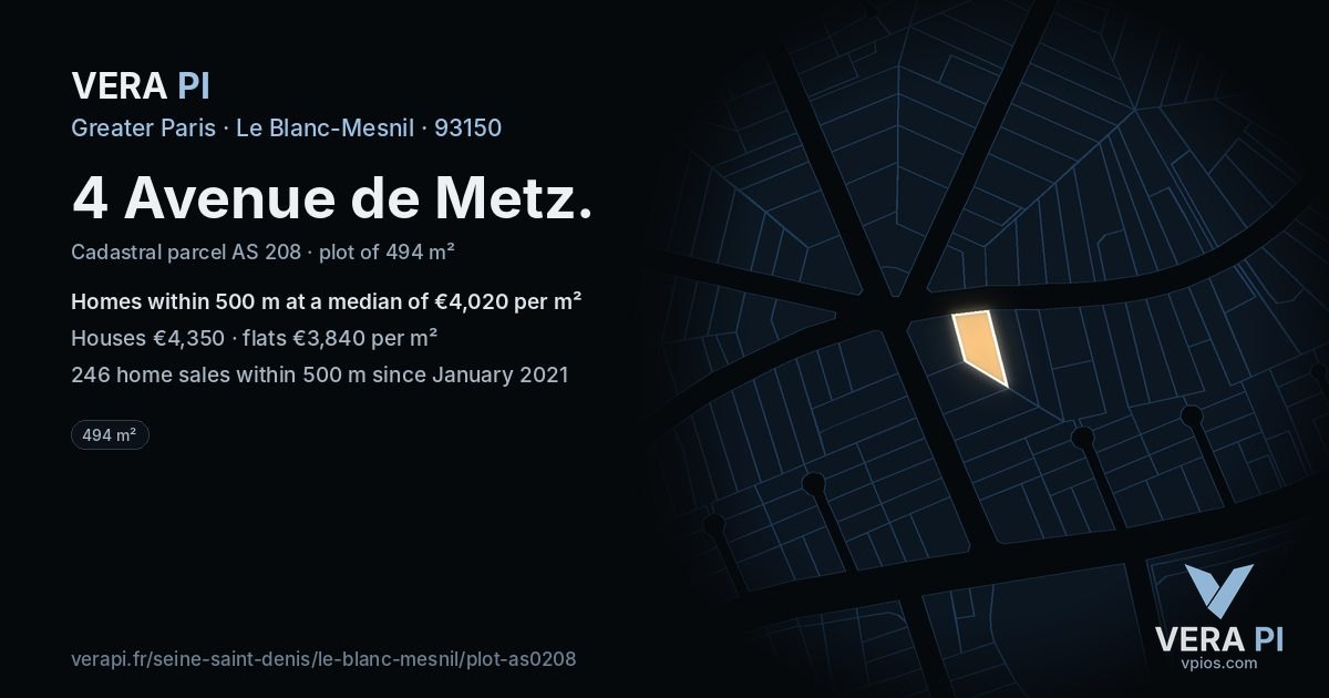 4 Avenue de Metz, Le Blanc-Mesnil at night – the plot lit, the parcels around coloured by the prices near them