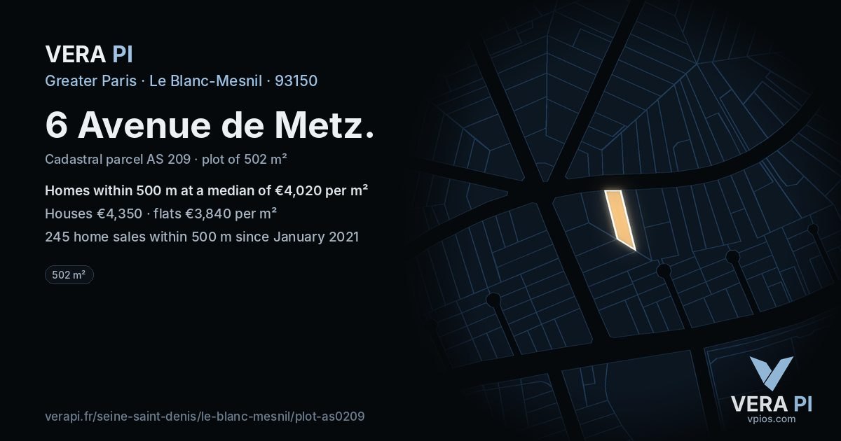 6 Avenue de Metz, Le Blanc-Mesnil at night – the plot lit, the parcels around coloured by the prices near them