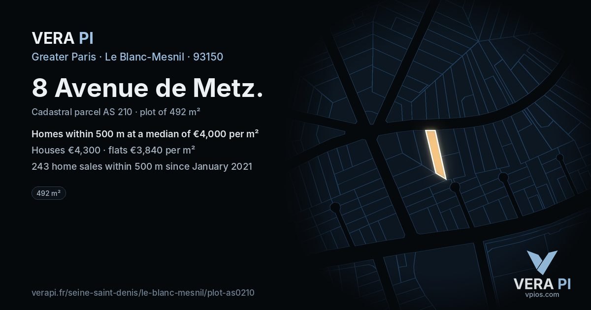 8 Avenue de Metz, Le Blanc-Mesnil at night – the plot lit, the parcels around coloured by the prices near them