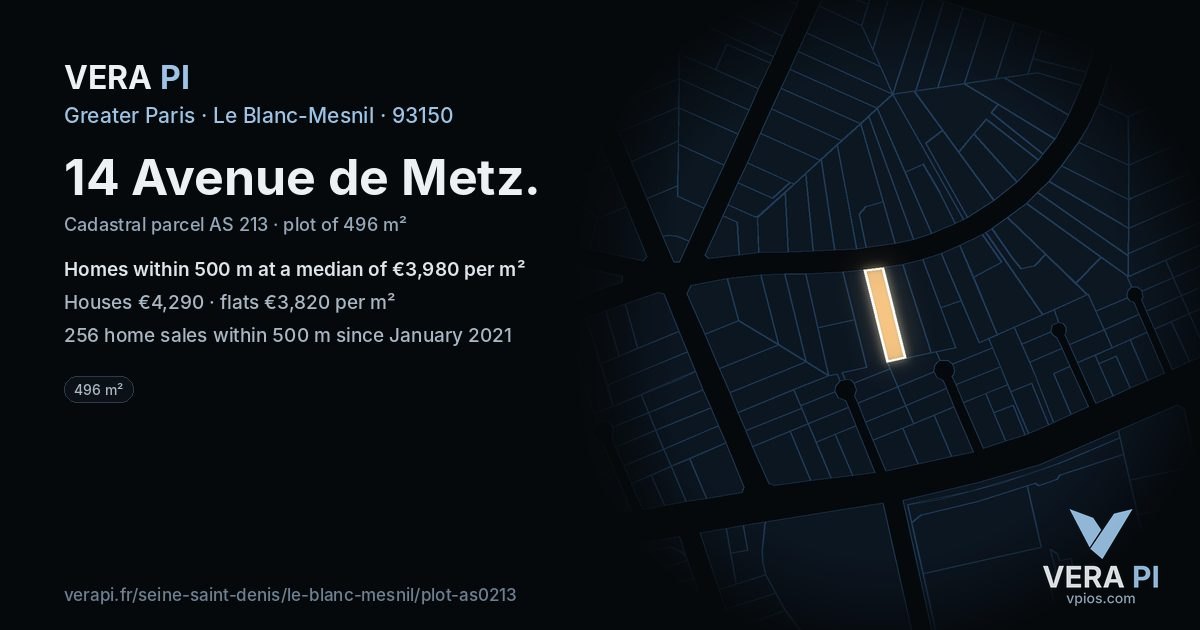14 Avenue de Metz, Le Blanc-Mesnil at night – the plot lit, the parcels around coloured by the prices near them