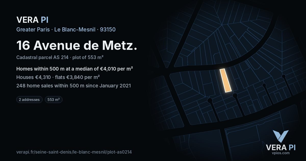 16 Avenue de Metz, Le Blanc-Mesnil at night – the plot lit, the parcels around coloured by the prices near them