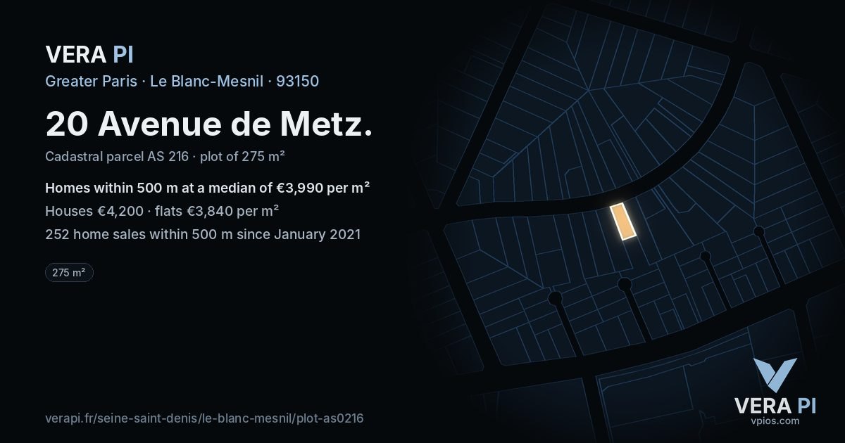 20 Avenue de Metz, Le Blanc-Mesnil at night – the plot lit, the parcels around coloured by the prices near them