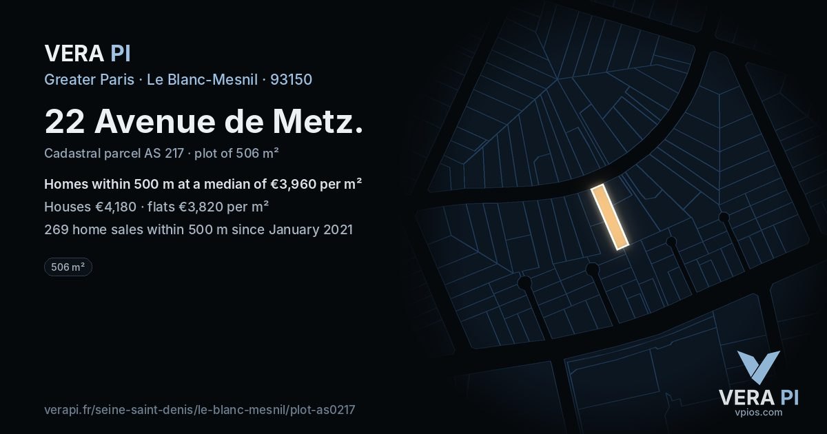 22 Avenue de Metz, Le Blanc-Mesnil at night – the plot lit, the parcels around coloured by the prices near them