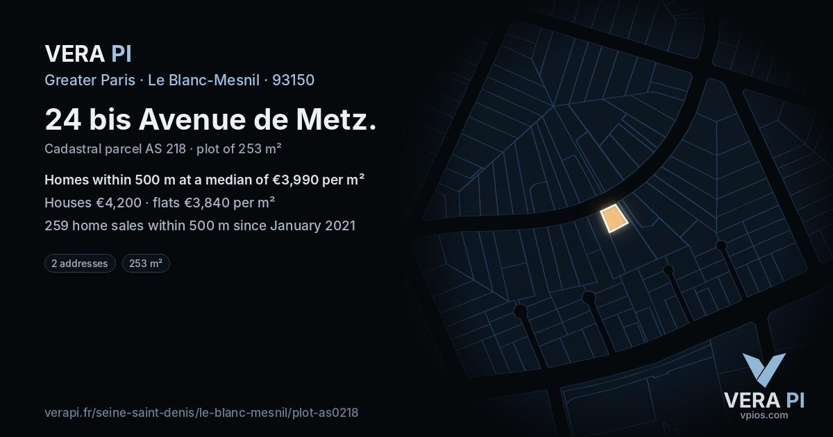 24 bis Avenue de Metz, Le Blanc-Mesnil at night – the plot lit, the parcels around coloured by the prices near them