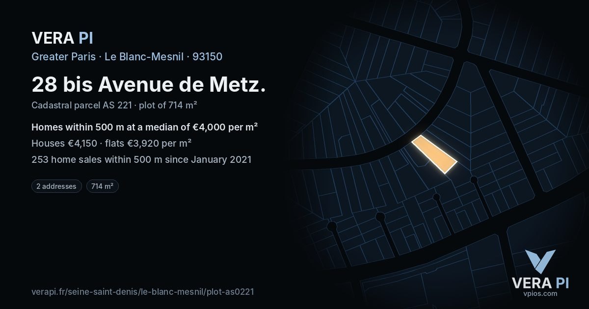 28 bis Avenue de Metz, Le Blanc-Mesnil at night – the plot lit, the parcels around coloured by the prices near them