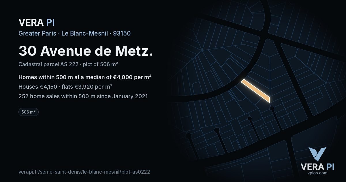 30 Avenue de Metz, Le Blanc-Mesnil at night – the plot lit, the parcels around coloured by the prices near them