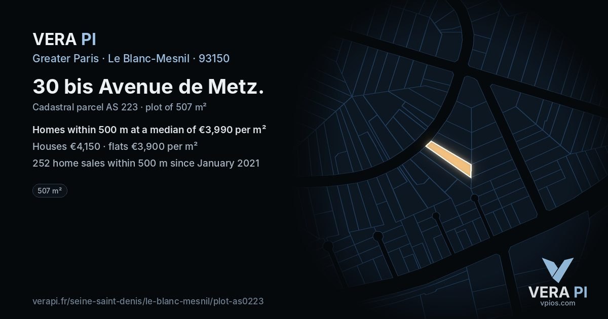 30 bis Avenue de Metz, Le Blanc-Mesnil at night – the plot lit, the parcels around coloured by the prices near them