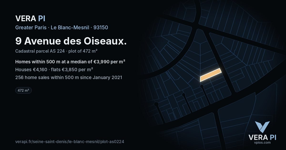 9 Avenue des Oiseaux, Le Blanc-Mesnil at night – the plot lit, the parcels around coloured by the prices near them