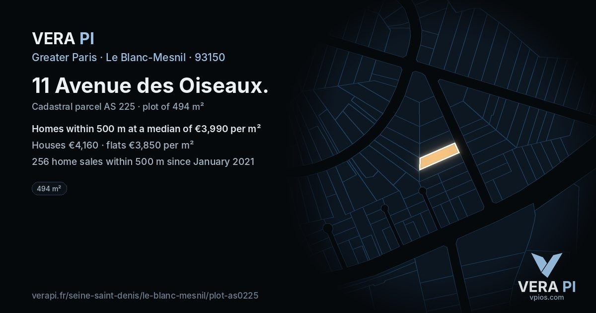 11 Avenue des Oiseaux, Le Blanc-Mesnil at night – the plot lit, the parcels around coloured by the prices near them