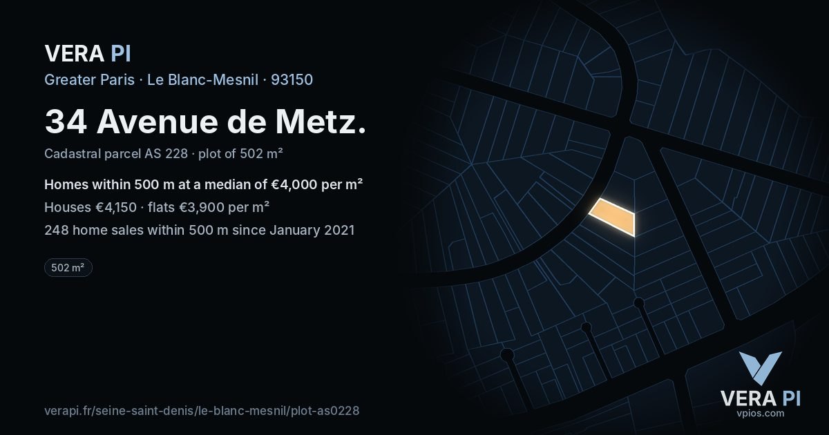 34 Avenue de Metz, Le Blanc-Mesnil at night – the plot lit, the parcels around coloured by the prices near them