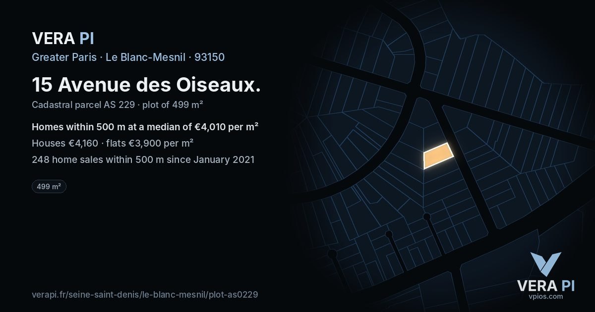 15 Avenue des Oiseaux, Le Blanc-Mesnil at night – the plot lit, the parcels around coloured by the prices near them