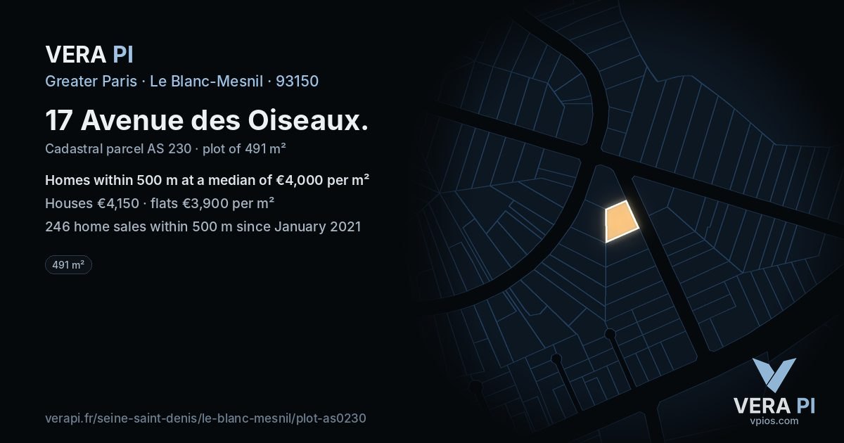 17 Avenue des Oiseaux, Le Blanc-Mesnil at night – the plot lit, the parcels around coloured by the prices near them