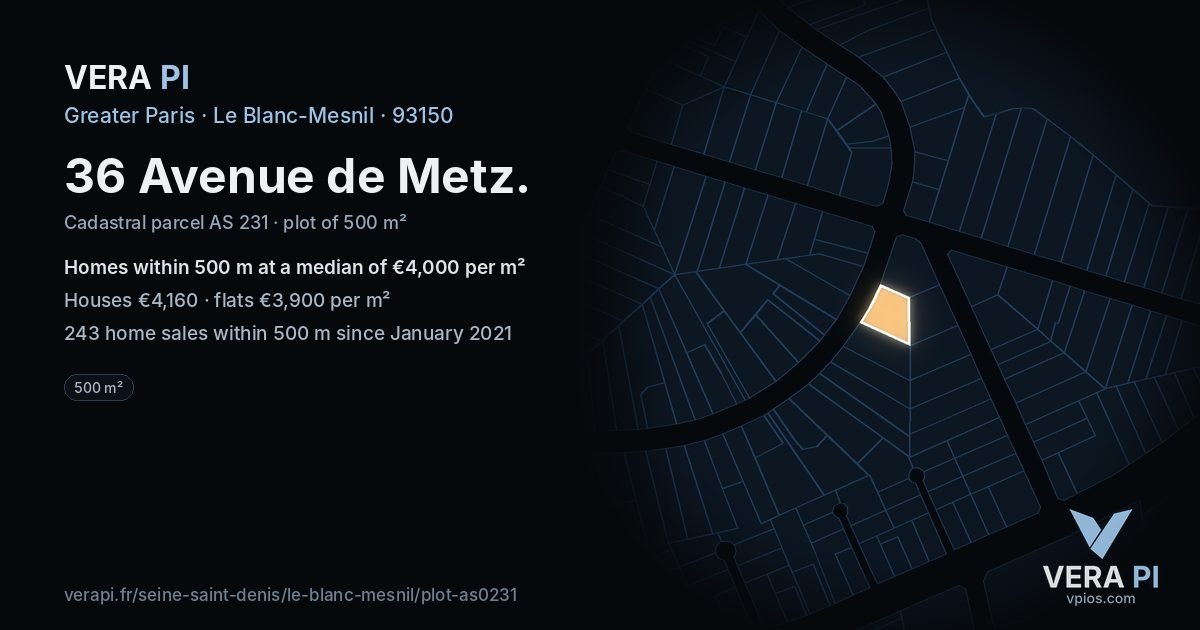 36 Avenue de Metz, Le Blanc-Mesnil at night – the plot lit, the parcels around coloured by the prices near them