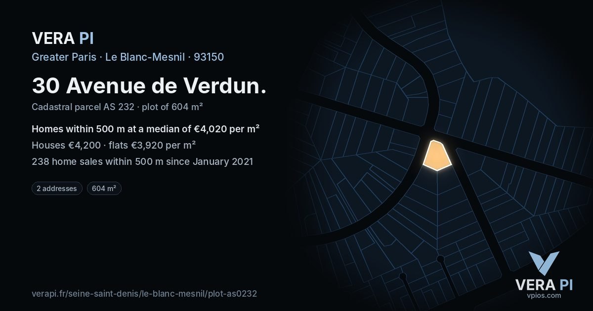 30 Avenue de Verdun, Le Blanc-Mesnil at night – the plot lit, the parcels around coloured by the prices near them