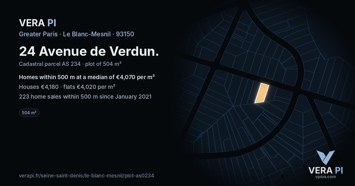24 Avenue de Verdun, Le Blanc-Mesnil at night – the plot lit, the parcels around coloured by the prices near them