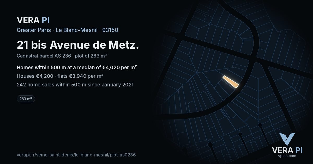21 bis Avenue de Metz, Le Blanc-Mesnil at night – the plot lit, the parcels around coloured by the prices near them