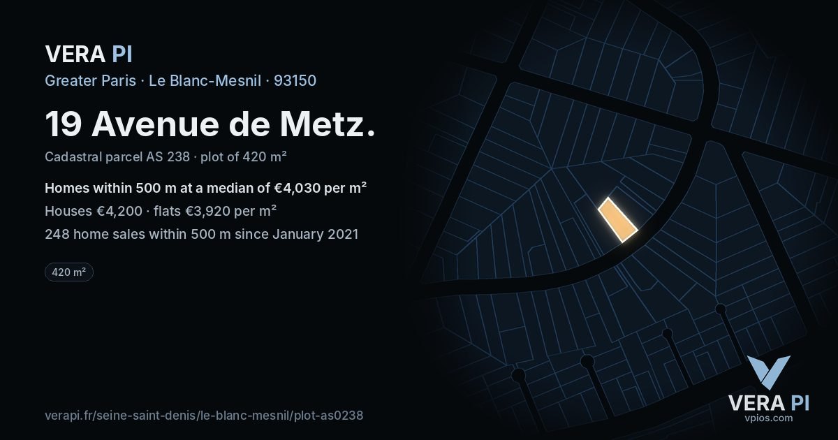 19 Avenue de Metz, Le Blanc-Mesnil at night – the plot lit, the parcels around coloured by the prices near them