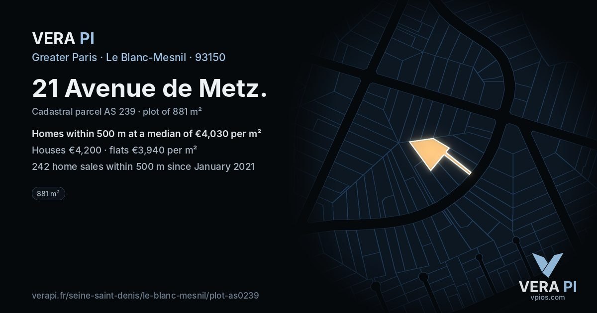 21 Avenue de Metz, Le Blanc-Mesnil at night – the plot lit, the parcels around coloured by the prices near them
