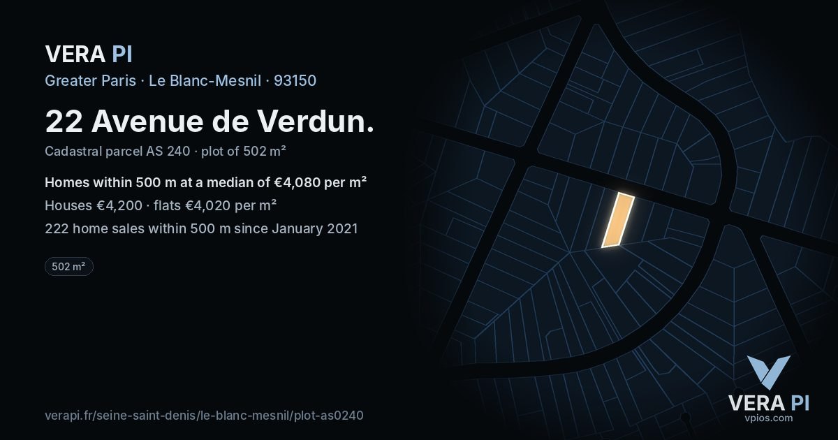 22 Avenue de Verdun, Le Blanc-Mesnil at night – the plot lit, the parcels around coloured by the prices near them