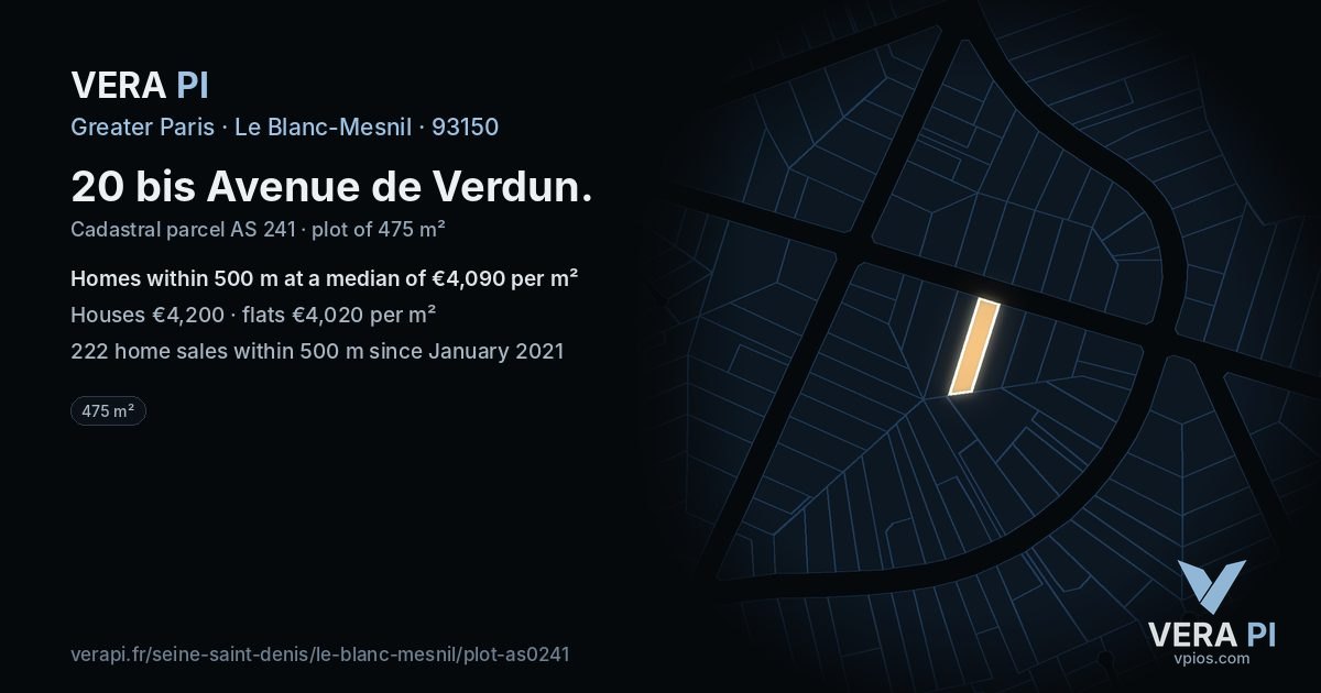 20 bis Avenue de Verdun, Le Blanc-Mesnil at night – the plot lit, the parcels around coloured by the prices near them