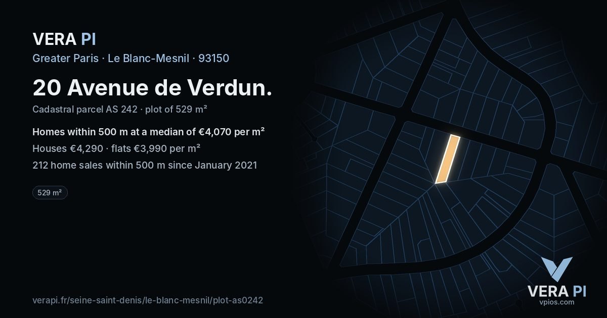 20 Avenue de Verdun, Le Blanc-Mesnil at night – the plot lit, the parcels around coloured by the prices near them
