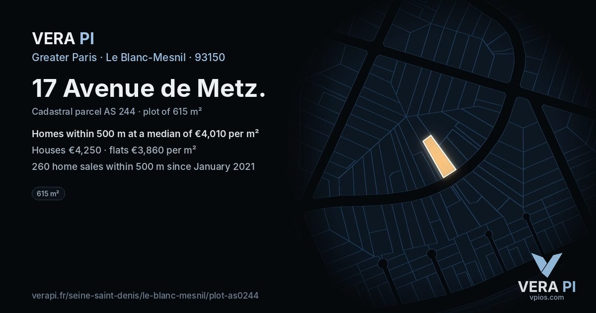 17 Avenue de Metz, Le Blanc-Mesnil at night – the plot lit, the parcels around coloured by the prices near them