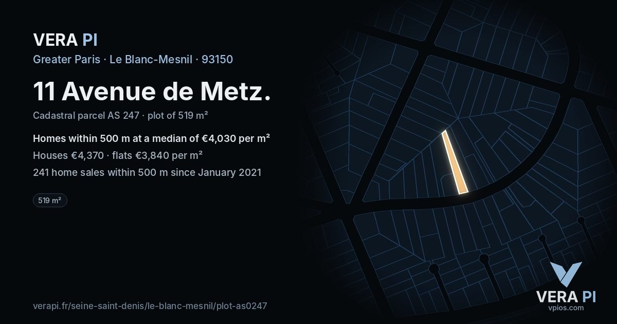 11 Avenue de Metz, Le Blanc-Mesnil at night – the plot lit, the parcels around coloured by the prices near them