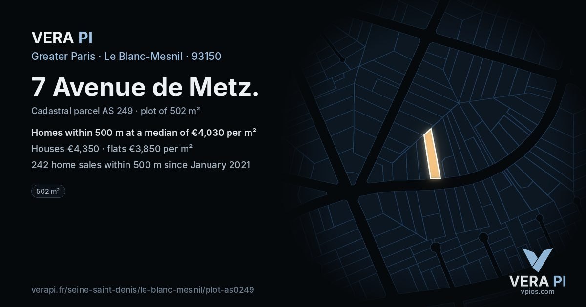 7 Avenue de Metz, Le Blanc-Mesnil at night – the plot lit, the parcels around coloured by the prices near them