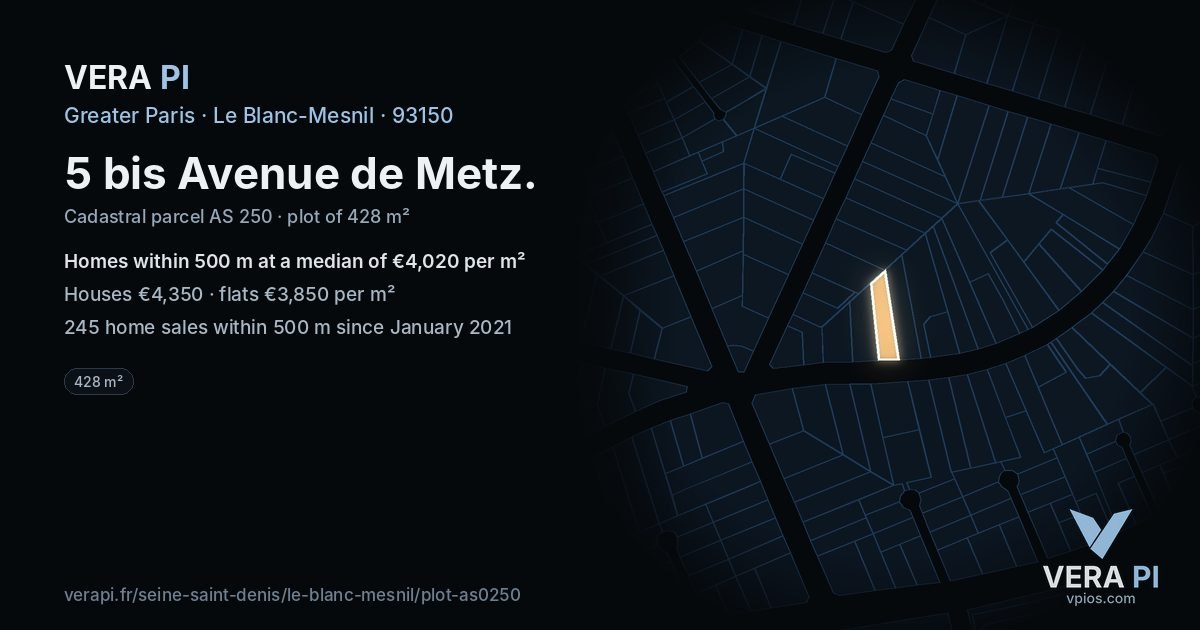 5 bis Avenue de Metz, Le Blanc-Mesnil at night – the plot lit, the parcels around coloured by the prices near them