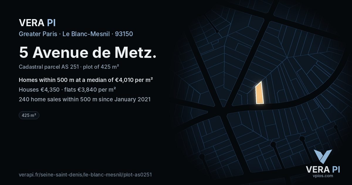 5 Avenue de Metz, Le Blanc-Mesnil at night – the plot lit, the parcels around coloured by the prices near them
