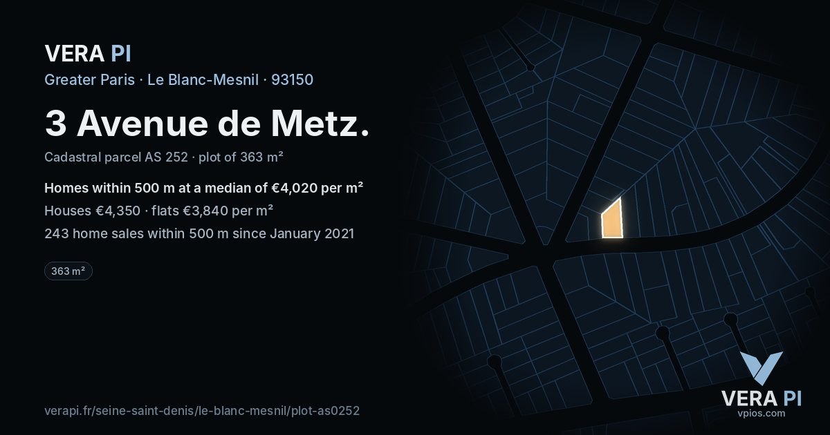 3 Avenue de Metz, Le Blanc-Mesnil at night – the plot lit, the parcels around coloured by the prices near them