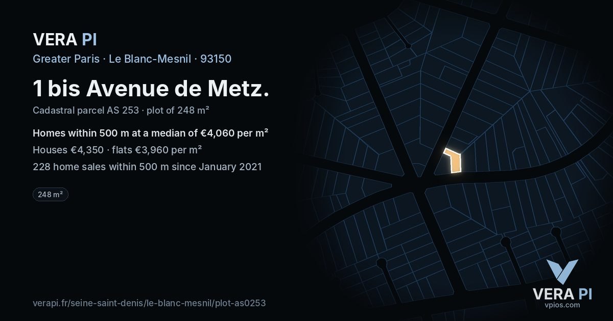 1 bis Avenue de Metz, Le Blanc-Mesnil at night – the plot lit, the parcels around coloured by the prices near them