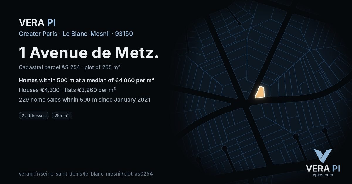 1 Avenue de Metz, Le Blanc-Mesnil at night – the plot lit, the parcels around coloured by the prices near them