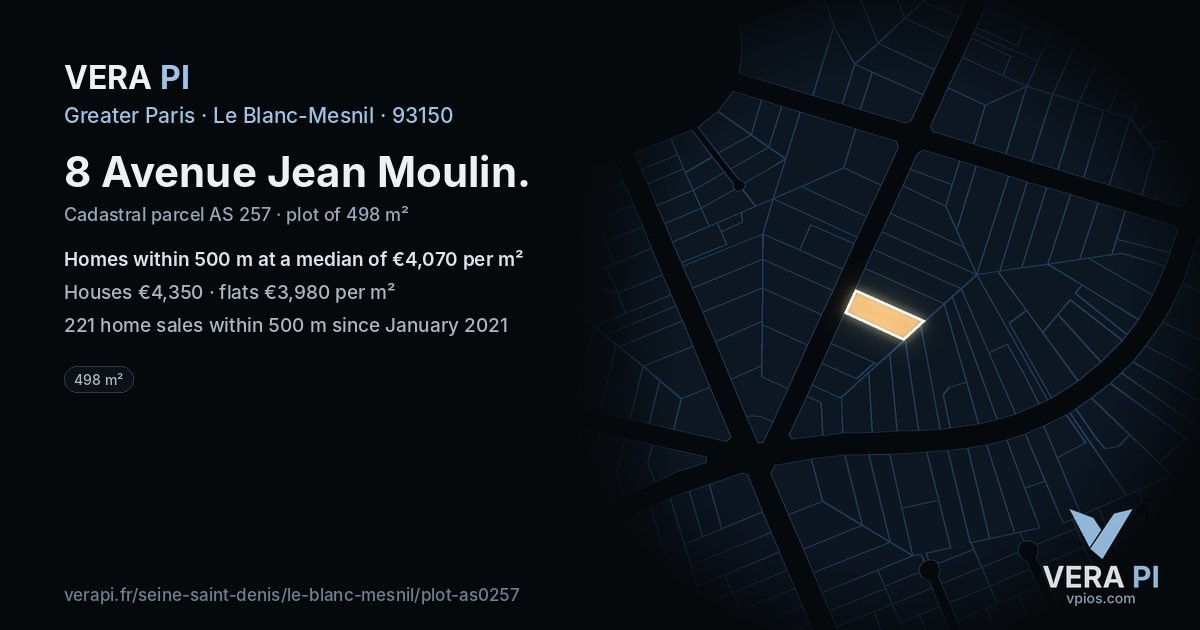 8 Avenue Jean Moulin, Le Blanc-Mesnil at night – the plot lit, the parcels around coloured by the prices near them