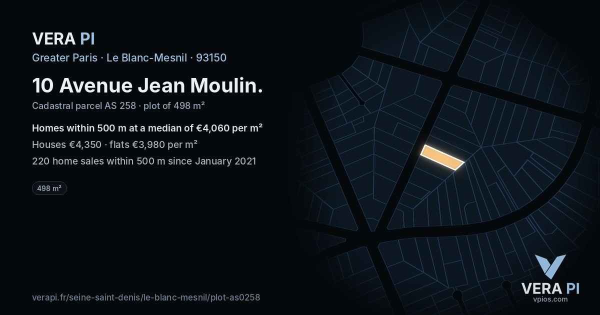 10 Avenue Jean Moulin, Le Blanc-Mesnil at night – the plot lit, the parcels around coloured by the prices near them