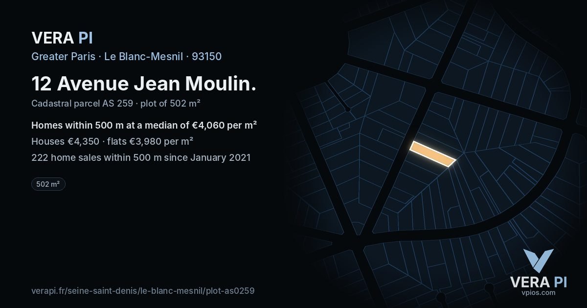 12 Avenue Jean Moulin, Le Blanc-Mesnil at night – the plot lit, the parcels around coloured by the prices near them
