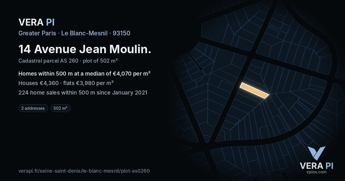 14 Avenue Jean Moulin, Le Blanc-Mesnil at night – the plot lit, the parcels around coloured by the prices near them