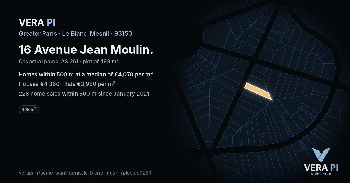 16 Avenue Jean Moulin, Le Blanc-Mesnil at night – the plot lit, the parcels around coloured by the prices near them