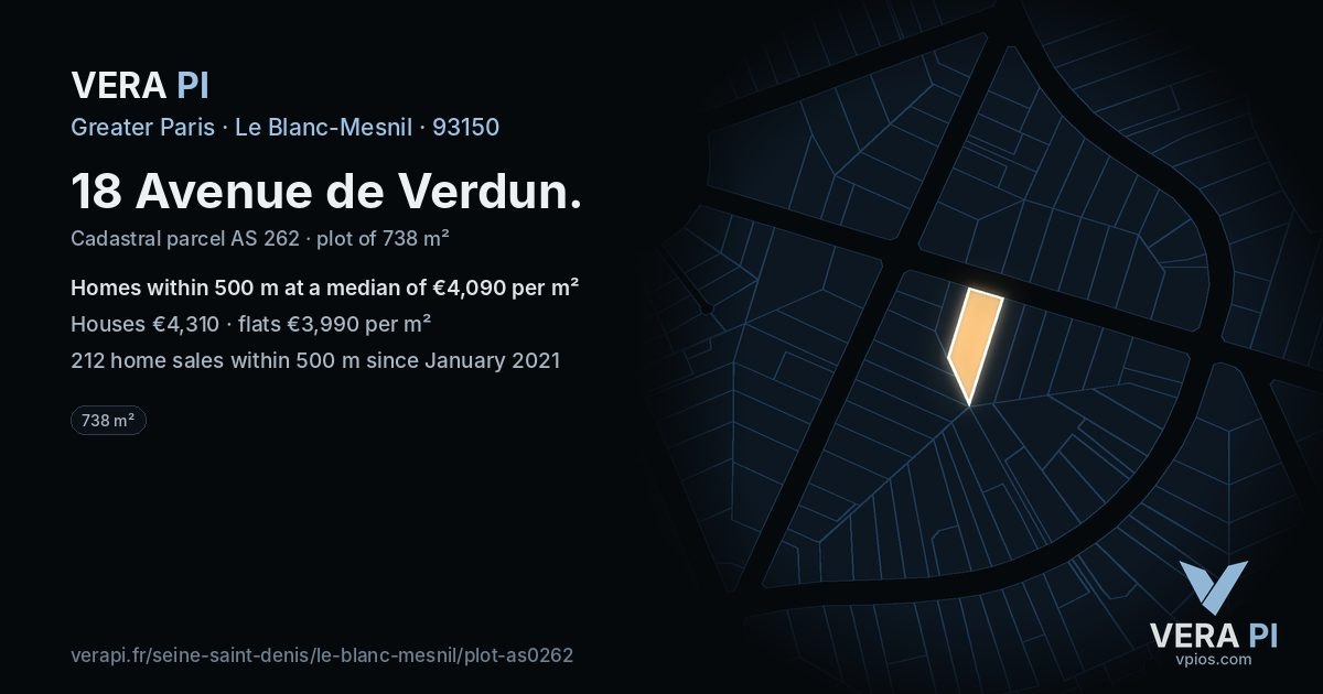18 Avenue de Verdun, Le Blanc-Mesnil at night – the plot lit, the parcels around coloured by the prices near them