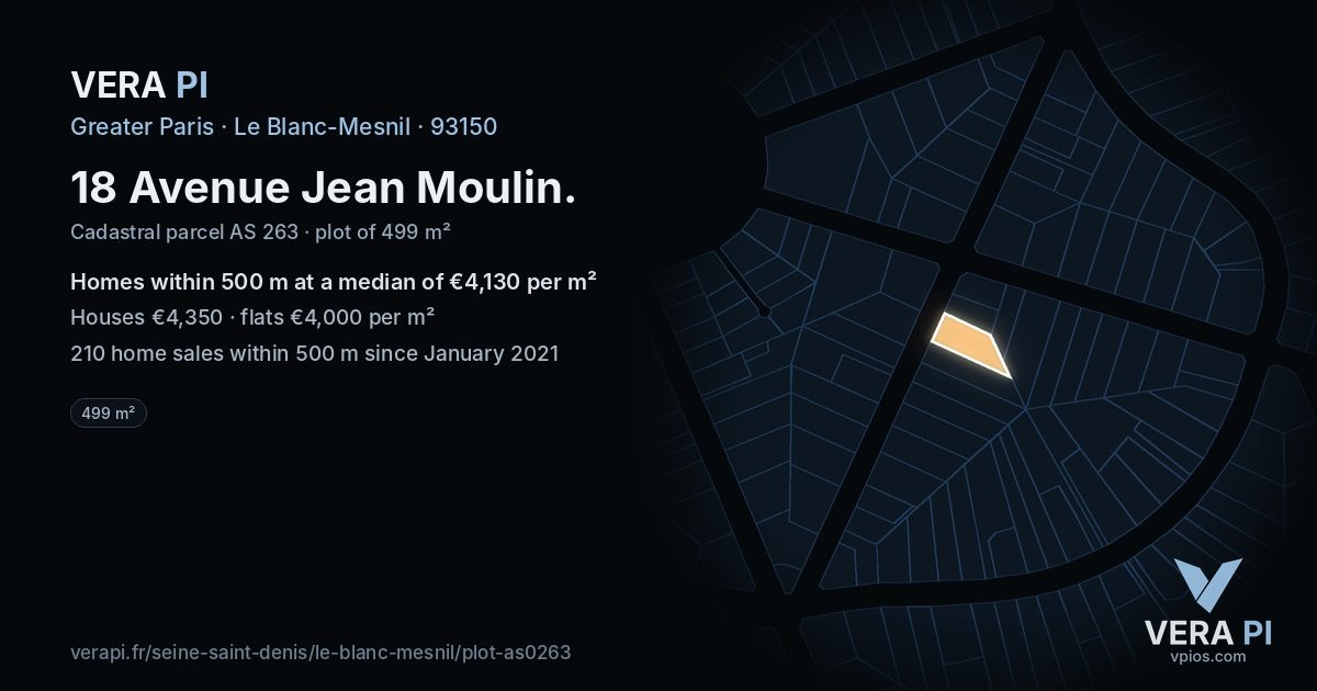 18 Avenue Jean Moulin, Le Blanc-Mesnil at night – the plot lit, the parcels around coloured by the prices near them