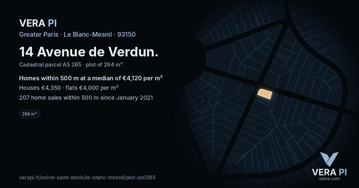 14 Avenue de Verdun, Le Blanc-Mesnil at night – the plot lit, the parcels around coloured by the prices near them